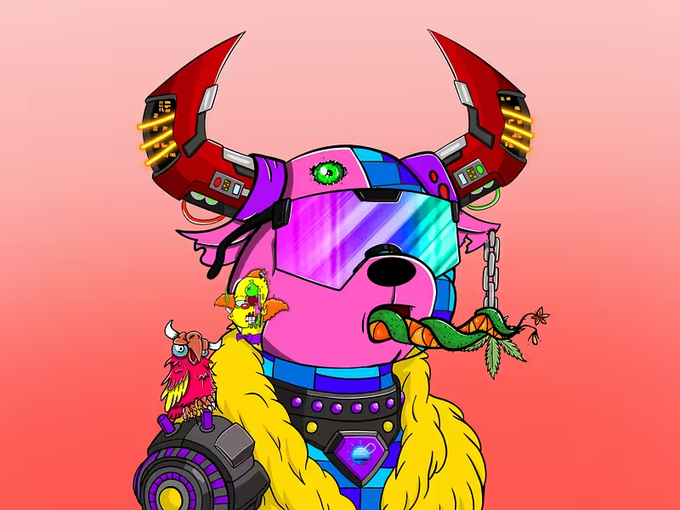 A colorful cartoon illustration of a pink bear-like character wearing cyberpunk goggles, red horns, and a yellow fur coat, holding a carrot in its mouth against a pink gradient background.