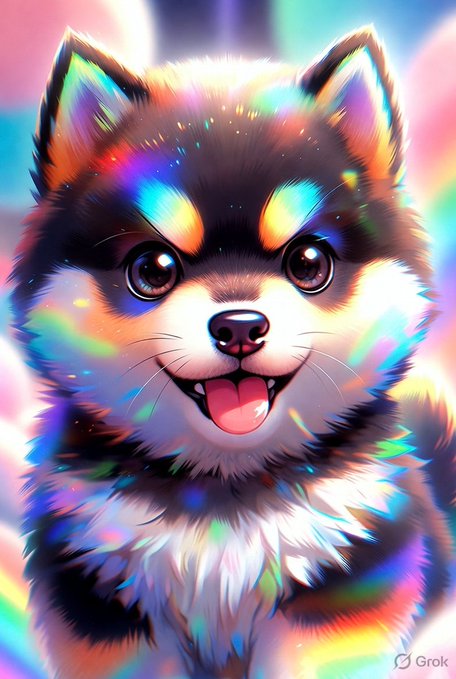 A vibrant, colorful digital artwork of a smiling husky puppy with rainbow-hued fur and sparkling eyes, watermarked 'Grok' in the corner.