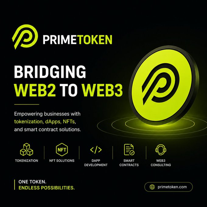 An advertisement for 'PRIMETOKEN' promoting 'BRIDGING WEB2 TO WEB3' services including tokenization, NFTs, dApps, and smart contracts.