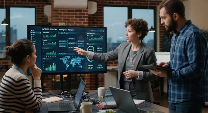 A team of professionals collaborates in a modern office, with one woman pointing at a large screen displaying "MATRIX X 2024 Data Convergence Platform" featuring charts, graphs, and a world map with metrics like 98.3% and 250.64, while another holds a tablet and a colleague takes notes. The image reflects the post's theme of using advanced data and technology to measure sleep architecture beyond simple duration, symbolizing the scientific analysis and convergence of complex metrics discussed in their AMA.