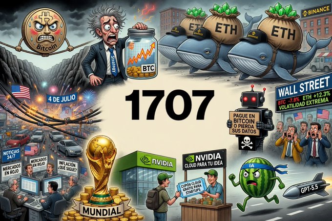 A chaotic illustrated collage depicting crypto/finance themes including Bitcoin, ETH whales, Binance, Wall Street BTC -7.8% / ETH +12.3% 'extreme volatility', NVIDIA cloud, GPT-5.5, World Cup trophy, and a 4th of July theme with the number 1707 prominent.