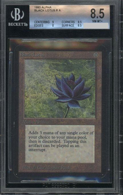 Beckett graded 1993 Alpha Black Lotus R A Magic: The Gathering card with an overall grade of 8.5 NM-MT+, featuring the classic artwork by Christopher Rush and the card text 'Adds 3 mana of any single color of your choice to your mana pool, then is discarded.'