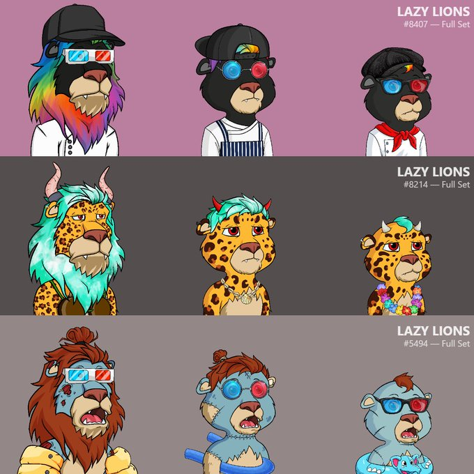 A collection of NFT-style cartoon characters labeled 'LAZY LIONS' across three sets (#8407, #8214, #5494), featuring lions, leopards, and other creatures wearing 3D glasses and varied outfits.