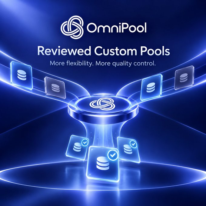 A promotional graphic for OmniPool featuring a glowing blue pedestal with database icons, some marked with checkmarks, flowing into the central hub. The text reads "OmniPool — Reviewed Custom Pools. More flexibility. More quality control," visually reinforcing the announcement that custom pools will undergo a review process before approval to maintain quality standards.