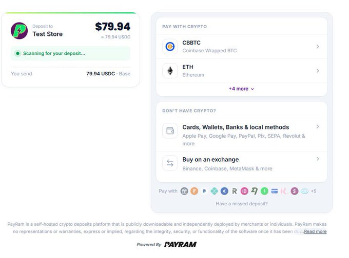 The image shows a PayRam crypto deposit interface displaying a $79.94 USDC deposit to "Test Store" with payment options including CBBTC (Coinbase Wrapped BTC), ETH (Ethereum), and fiat on-ramps via Apple Pay, Google Pay, and other methods. This visualizes a self-hosted, non-custodial crypto deposit gateway, aligning with the post's announcement of a fiat on-ramp solution running on Evernode.