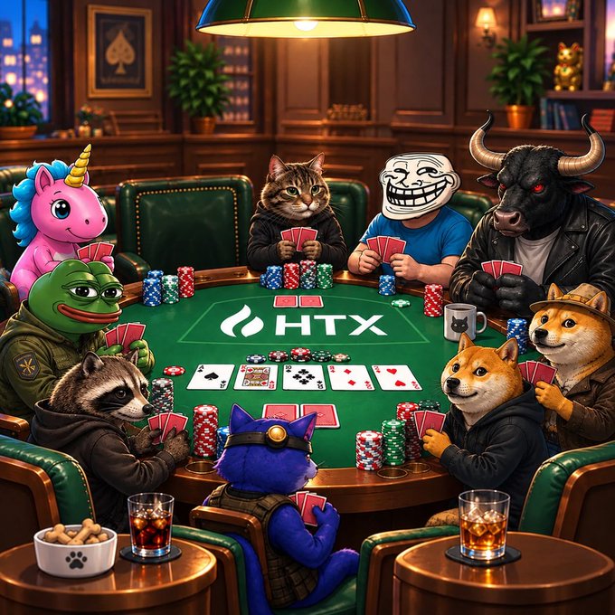 A menagerie of internet mascots—including a pink unicorn, Pepe the Frog, a raccoon, a cat, a trollface, a minotaur, Shiba Inus, and a blue cat—are seated around a green poker table branded "HTX," holding cards and stacks of chips with one empty chair waiting. The image playfully teases the post's question of "who's taking the last seat?" by leaving an open chair at the crypto-themed table.