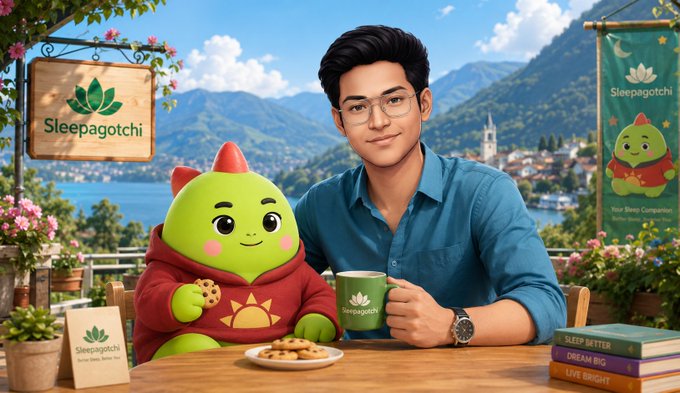 A digital illustration of a young man in a blue shirt and glasses sitting at an outdoor table with a green, hooded cartoon mascot character, with 'Sleepagotchi' branded signs in a scenic lakeside setting.