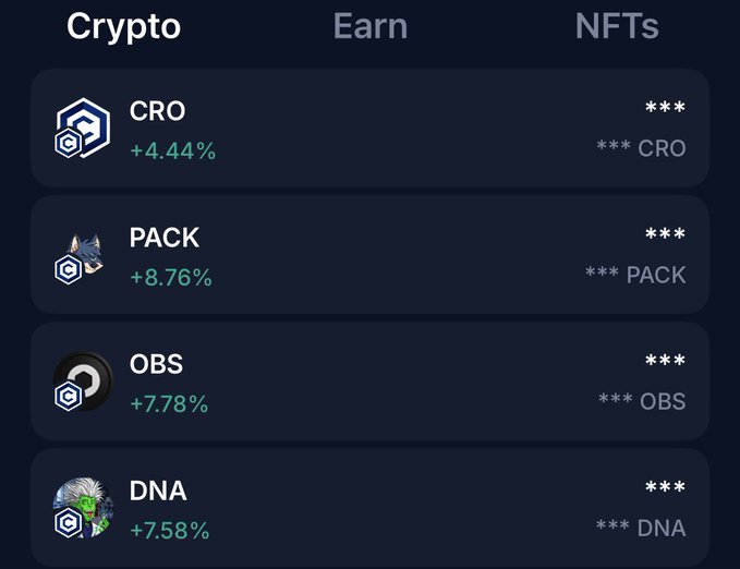 A cryptocurrency app screen displaying price changes for CRO (+4.44%), PACK (+8.76%), OBS (+7.78%), and DNA (+7.58%).