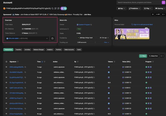 A Solana account dashboard displays a wallet holding $604,818.97 in SOL with a 2.115666082 SOL balance, alongside a transaction history showing numerous recent signatures and withdrawals, illustrating the aftermath of the reported $AVICI neobank hack that drained funds from over 1,600 affected users through a shared Solana card contract vulnerability.
