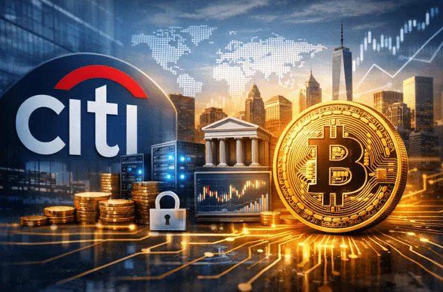 The image features the Citi bank logo, a prominent Bitcoin coin, stacks of gold coins, a padlock symbol, a classical bank building, and a city skyline with a world map overlay. This visual represents Citi's upcoming launch of Bitcoin custody services, as mentioned in the accompanying post, symbolizing the integration of cryptocurrency assets with traditional banking infrastructure.