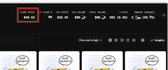 A dark-themed NFT marketplace dashboard shows a floor price of $40.53 highlighted in a red box, along with statistics like top offer ($35.55), 24H volume ($98.2K), and listings of 'Royal Mechanica' NFTs.