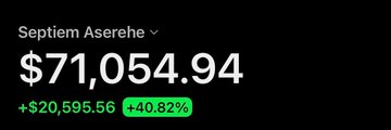 A stock tracker displays Septiem Aserene (ticker ?) with a current price of $71,054.94, showing a gain of $20,595.56 or 40.82% in green. This visual reinforces the post's message about the success of a medium-to-long-term trading strategy, demonstrating a substantial profit that likely contributed to the trader's ability to "sleep" without constantly monitoring charts.