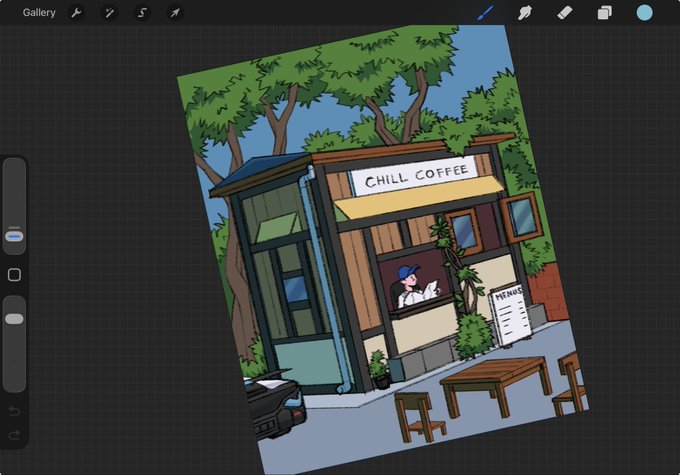 A digital drawing in a gallery app showing a 'CHILL COFFEE' shop with a barista, a menu board, outdoor seating, and trees in the background.