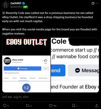 A screenshot of a post by ZachXBT (@zachxbt) dated Aug 12, 2021, discussing Cole and his previous business 'Eboy Outlet,' featuring screenshots of the brand's social media pages.