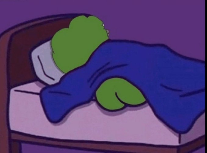 A cartoon of Kermit the Frog sleeping under a blue blanket in a bed.