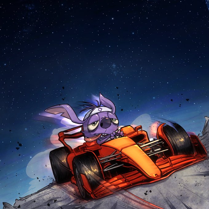 A cartoon illustration of a purple rabbit character with a white headband driving an orange Formula 1-style race car against a starry night sky.
