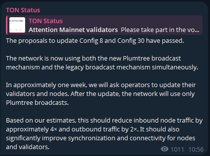 Telegram post from TON Status informing mainnet validators about passed proposals to update Config 8 and Config 30, transitioning to the new Plumtree broadcast mechanism.