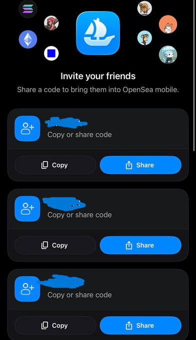 A mobile app screen for OpenSea showing an 'Invite your friends' page with options to 'Copy or share code' via Copy and Share buttons.