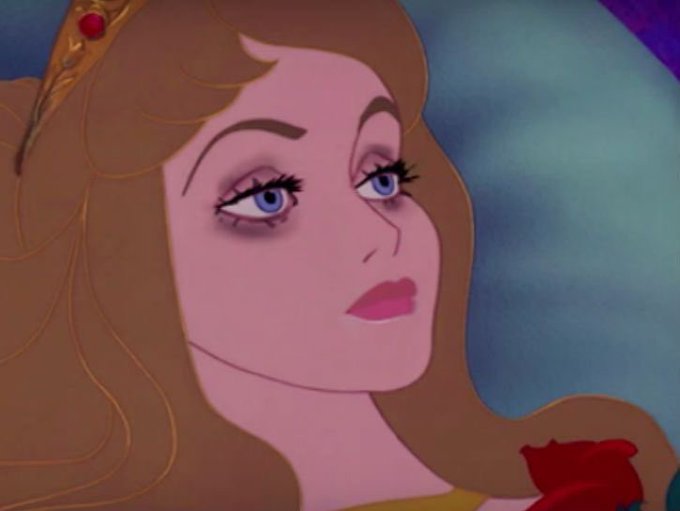 A close-up illustration of Princess Aurora from Disney's Sleeping Beauty with a tired or melancholic expression, alongside a red rose.