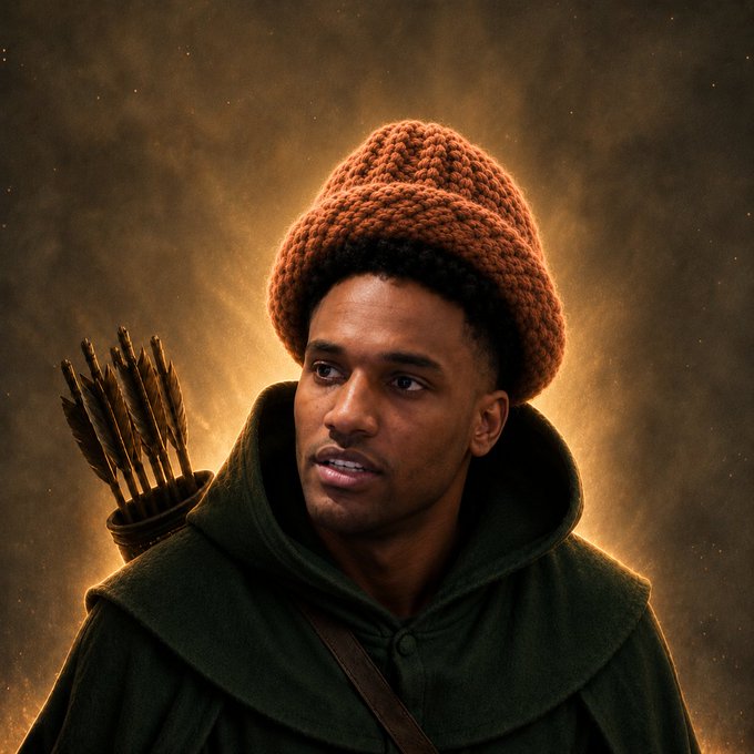 A young man dressed as Robin Hood poses in a green cloak with a quiver of arrows over his shoulder and a chunky orange knit hat atop his head, set against a warm, glowing background. The image ties directly to the post's whimsical portrayal of $AIF as "Ansemhood," a Solana-born ranger of the realm with the iconic orange hat marking his identity.