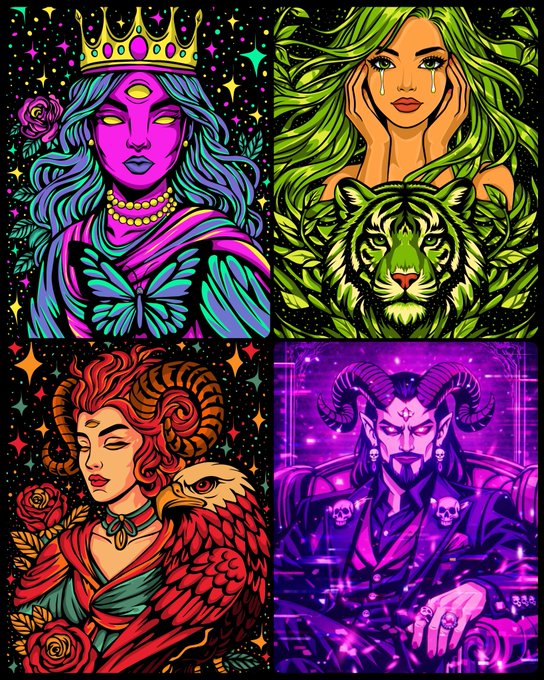 A four-panel colorful illustration in neon psychedelic style featuring mystical figures: a crowned woman with butterflies, a woman with a tiger, a ram-horned figure with an eagle and roses, and a purple horned demonic man.