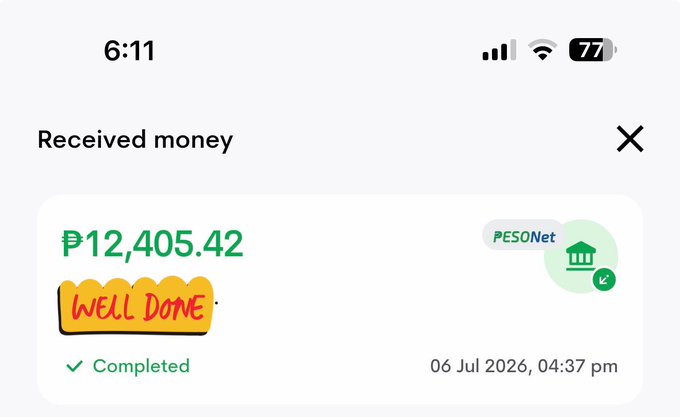 A phone screenshot displays a completed "Received money" transaction of ₱12,405.42 via PESO Net on 06 Jul 2026, 04:37 pm, featuring a "Well Done" sticker celebrating the payout.