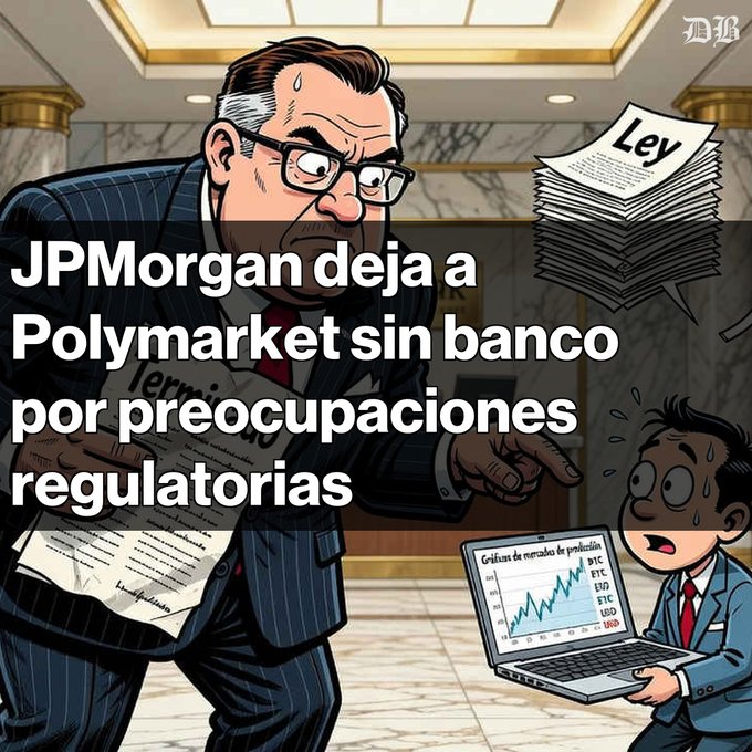 An illustrated news-style graphic with Spanish text reading 'JPMorgan deja a Polymarket sin banco por preocupaciones regulatorias,' depicting an angry businessman pointing at a nervous person holding a laptop displaying an 'Evolución de mercados de predicción' chart with BTC, FTC, and other tickers.