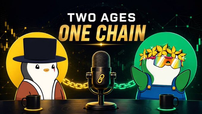 A promotional graphic for the "Two Ages One Chain" weekly livestream featuring two penguin mascots—one in a top hat and formal attire, the other wearing a flower crown and sunglasses—flanking a central microphone with chain-link imagery and coffee mugs, set against a crypto-themed background of trading charts.