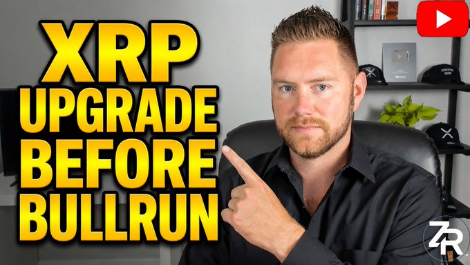 A YouTube thumbnail featuring a bearded man pointing toward bold yellow text reading "XRP UPGRADE BEFORE BULLRUN," promoting a video about XRP's upcoming upgrade and its non-security status, aligning with the post's message about XRP's bullish developments ahead of the Clarity Act.