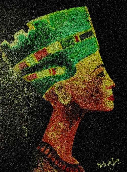 A stylized pointillist-style artwork depicting a profile portrait of a person wearing a colorful green, yellow, and red patterned headwrap, signed "Melvink" in the corner.