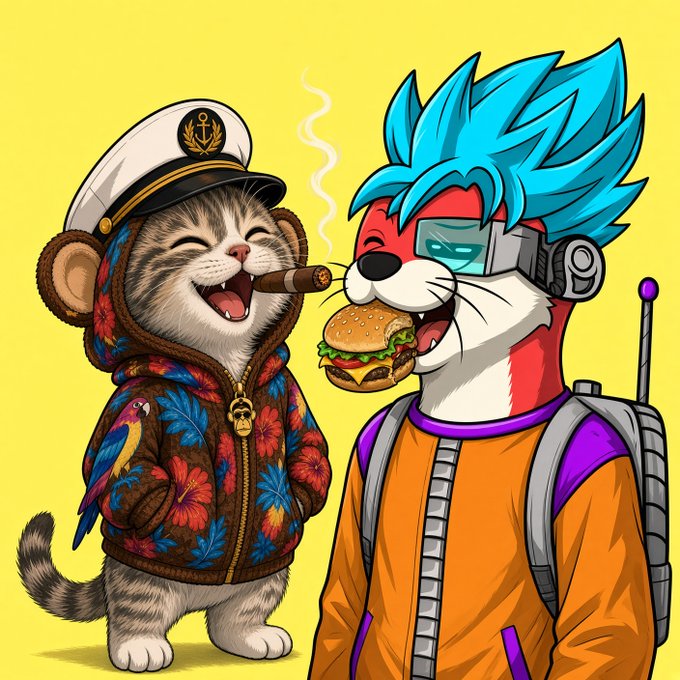 A colorful cartoon illustration shows a smiling cat in a floral hoodie and sailor hat smoking a cigar next to a red fox-like character with blue hair, wearing a backpack and eating a burger.