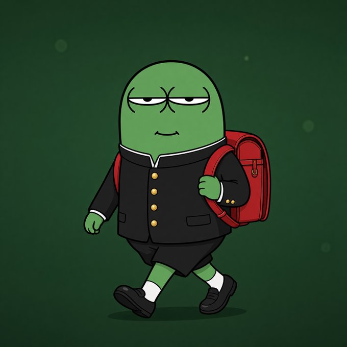 A cartoon illustration of a green alien-like character with a smug expression, wearing a black school uniform (gakuran style) with gold buttons and carrying a red backpack.