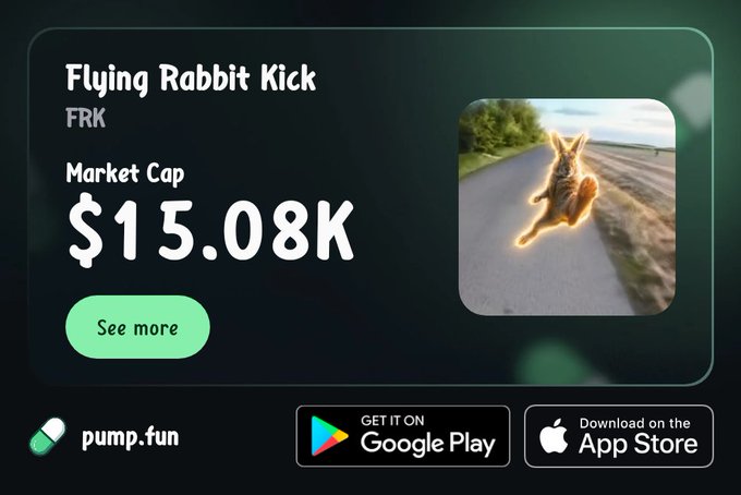 An advertisement for 'Flying Rabbit Kick' (FRK) cryptocurrency on pump.fun displays a market cap of '$15.08K' alongside an image of a rabbit leaping on a road.