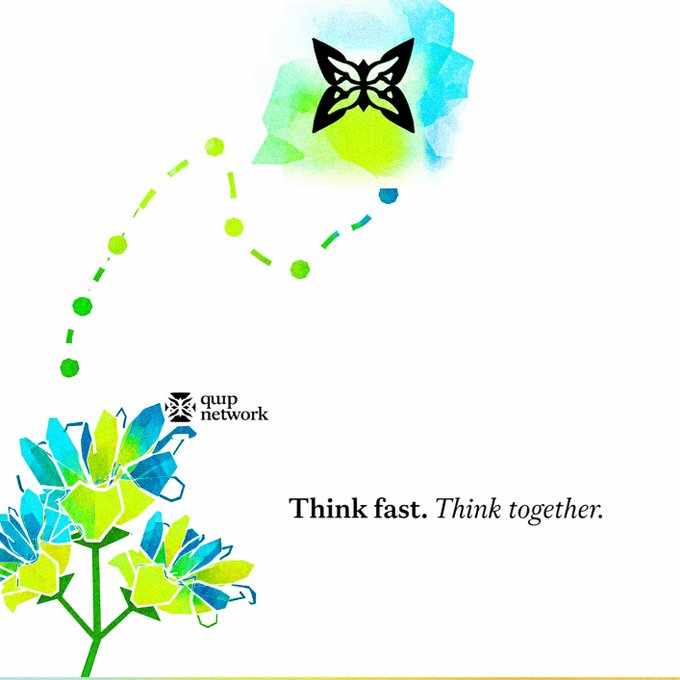 The image is a promotional graphic for "quip network," featuring a vibrant green and blue butterfly at the top and a matching butterfly perched on flowers at the bottom, with a dotted trail connecting them. The tagline reads "Think fast. Think together."

This visual metaphor illustrates the post's message about utilization versus accumulation—much like the butterfly's efficient, purposeful flight path connecting two points, quip network emphasizes making smarter use of existing AI resources rather than simply adding more infrastructure.