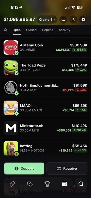 A mobile screenshot of a crypto trading app shows a portfolio balance of '$1,096,985.97' with a list of meme coins including 'A Meme Coin' ($280.90K, +398.5%), 'The Toad Pepe' ($175.49K, +9.0%), and 'NotInEmploymentEd...' ($91.59K, -9.0%).