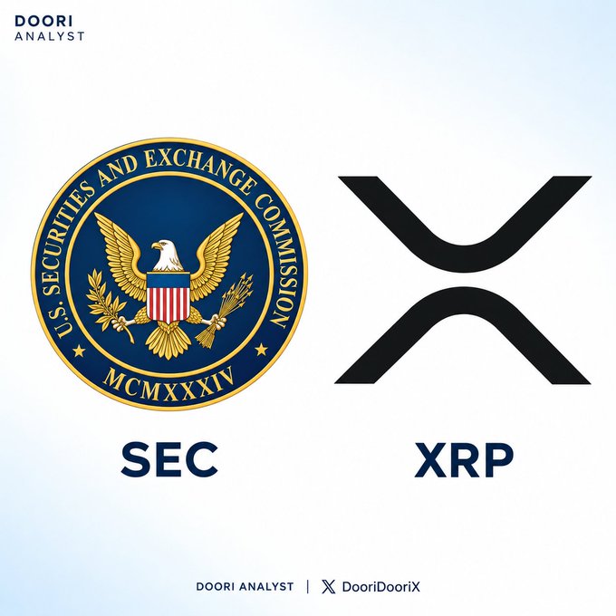 The image displays the SEC (U.S. Securities and Exchange Commission) seal alongside the XRP logo, visually representing the ongoing regulatory dispute between the SEC and XRP/cryptocurrency markets. This pairs with the caption about an alleged SEC employee overheard discussing crypto, implying insider insight into the regulator's stance on digital assets like XRP.