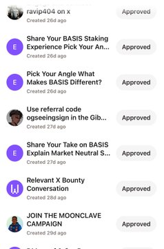A screenshot showing a list of social media posts/tasks with titles like 'Share Your BASIS Staking Experience', 'Pick Your Angle What Makes BASIS Different?', and 'JOIN THE MOONCLAVE CAMPAIGN', all marked as 'Approved'.