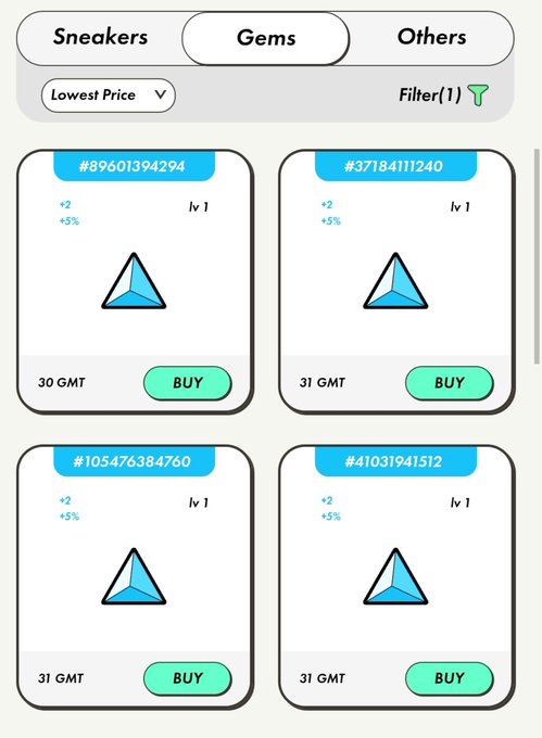 Mobile marketplace app interface with tabs for Sneakers, Gems, and Others, displaying digital sneaker items (blue pyramid icons) with IDs like #89601394294 and #37184111240, prices around 30-31 GMT, and green BUY buttons.