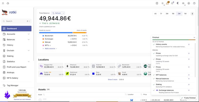 A cryptocurrency portfolio dashboard for 'rotki' showing a Total Balance of 49,944.86€ (+774.5% / 21,794.52€), with assets breakdown across Blockchain (36,294.19€), Exchanges (13,650.54€), and Manual (0.00€), and various location balances.