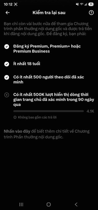 A Vietnamese-language mobile app screenshot titled 'Kiểm tra lại sau' listing requirements with checkmarks for Premium subscription, being at least 18 years old, having 500+ followers, and a progress bar (4.1K/500K) for 90-day impressions.