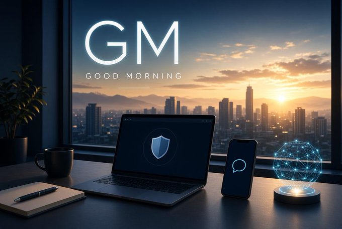 A digital 'Good Morning' graphic with 'GM' text shows a desk setup featuring a laptop with a security shield icon, a phone, a coffee mug, and a glowing geometric object, set against a city skyline at sunrise.
