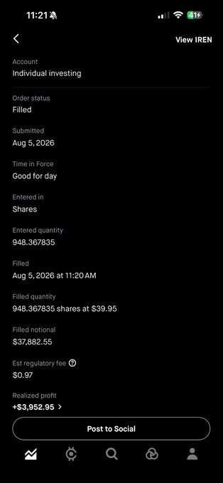 Screenshot of a Robinhood order confirmation showing a filled sell order of 948.367835 shares of IREN at $39.95 for a total notional of $37,882.55, realized profit of +$3,952.95 on Aug 5, 2026 — confirming the user's announcement that they sold their IREN position and will re-enter for an earnings play.