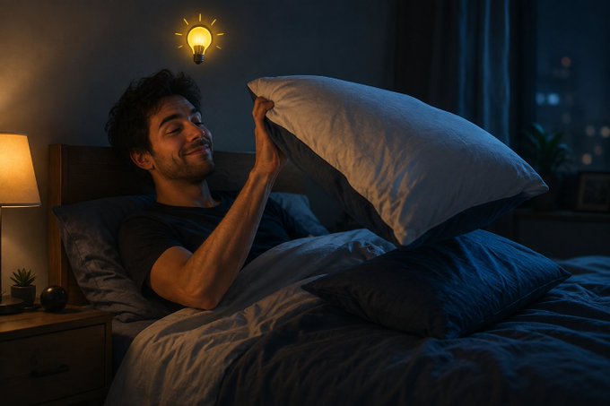 A man with dark hair lies in bed at night, smiling and holding up a pillow, with a glowing lightbulb emoji above his head and a bedside lamp nearby.