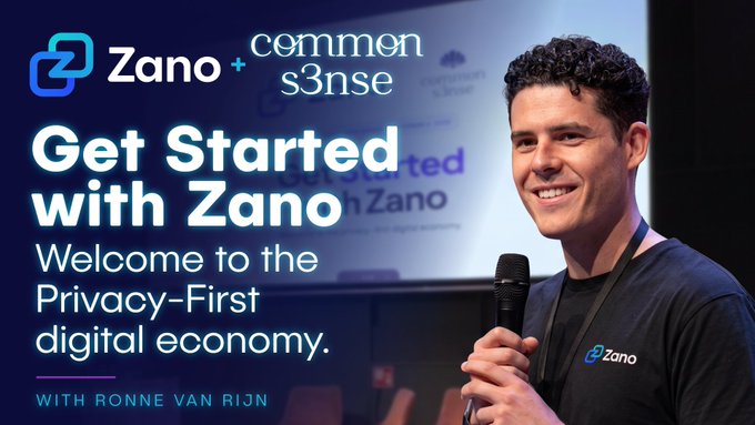 A promotional graphic for Zano featuring a man with a microphone, with text reading 'Get Started with Zano', 'Welcome to the Privacy-First digital economy.', and 'WITH RONNE VAN RIJN'.