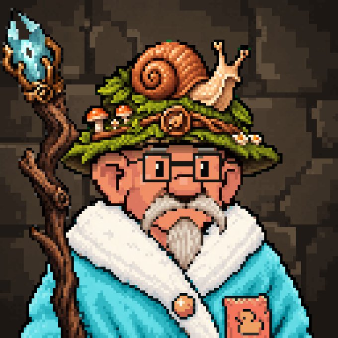 A pixel art illustration of a bearded wizard or druid character wearing glasses, a nature-themed hat with a snail and mushrooms, and holding a wooden staff with a blue crystal.
