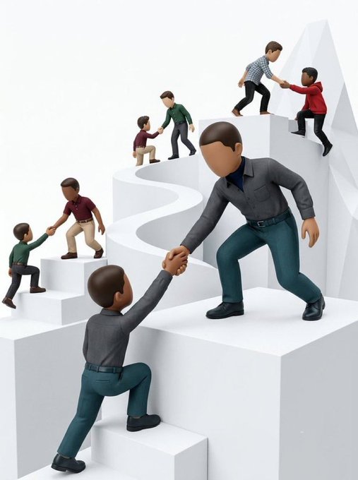 Stylized 3D figurines climb a white staircase, with each person reaching down to help pull up the next climber, symbolizing community and mutual support. The image visually reinforces the post's message about connection and active people uplifting one another as they move forward together.