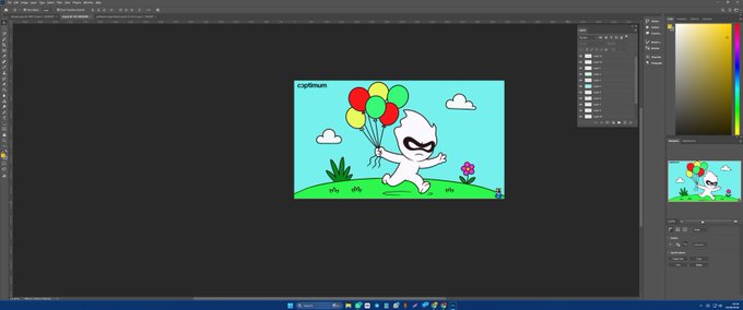 A screenshot of Adobe Photoshop showing an illustration of a white character holding balloons against a light blue sky with clouds and flowers.