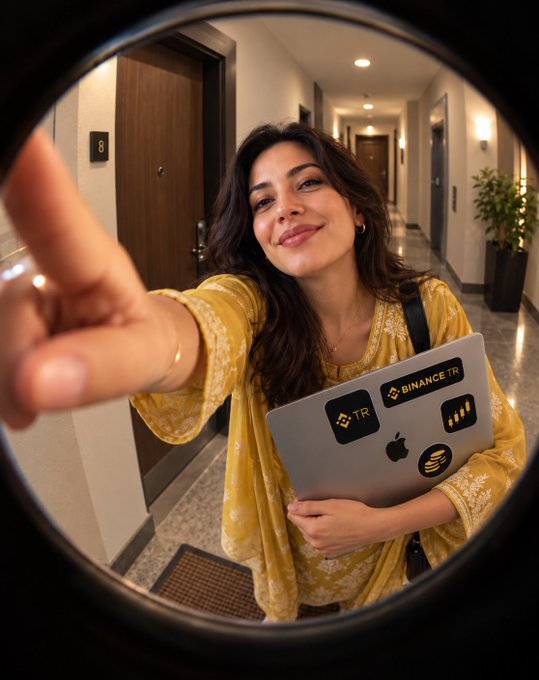 A woman in a yellow embroidered outfit reaches toward the camera in a hallway while holding a laptop covered in Binance/TR crypto stickers. The fisheye “HODL” framing and crypto-branded laptop reinforce the post’s message: “Hodling what matters.”