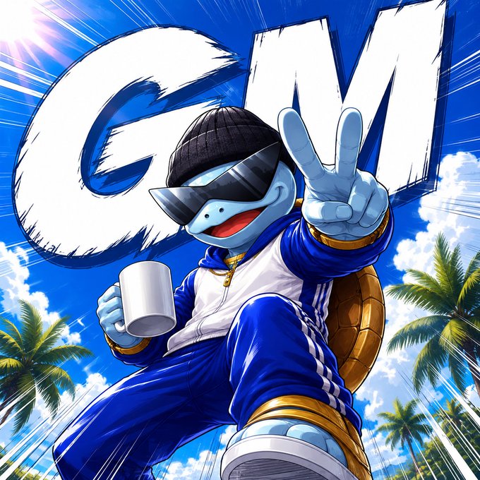 A vibrant illustrated turtle-like character in sunglasses, a cap, and a blue tracksuit flashes a peace sign while holding a mug; large comic-style text reads “GM.”