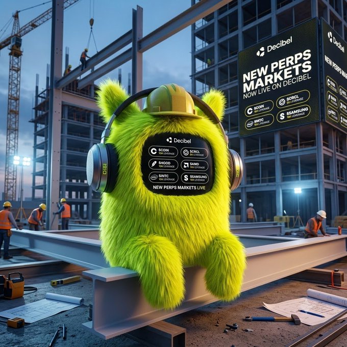 A neon green furry mascot wearing a hard hat and headphones sits on a steel beam at a construction site, with a display reading "Decibel - NEW PERPS MARKETS NOW LIVE ON DECIBEL" featuring tickers like $COIN, $CRCL, and $HOOD, visually reinforcing the post's announcement of new equity perpetual markets and increased leverage launching on Decibel.